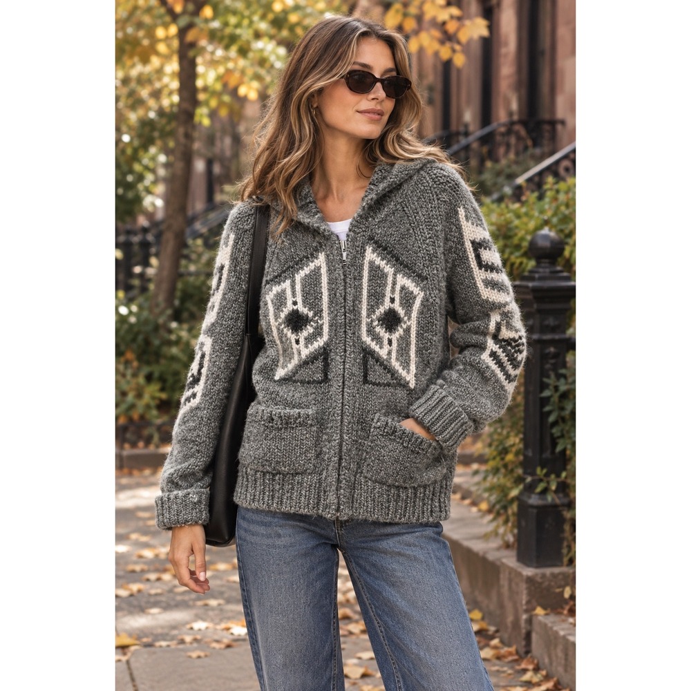 Tna Aritzia Sea-To-Sky Wool Cowichan Eagle Zip Up Hooded Sweater Grey - Size XS